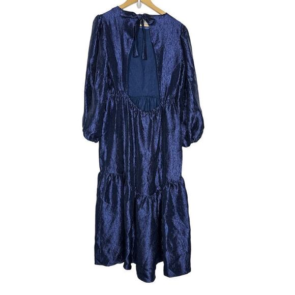 Topshop Textured Dress Jacquard Balloon Sleeve Open Back Midi Navy Blue NWT 8 - Picture 3 of 9